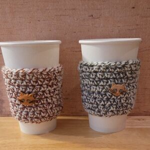 Handmade Crochet Cup Sleeves with Cat Button
